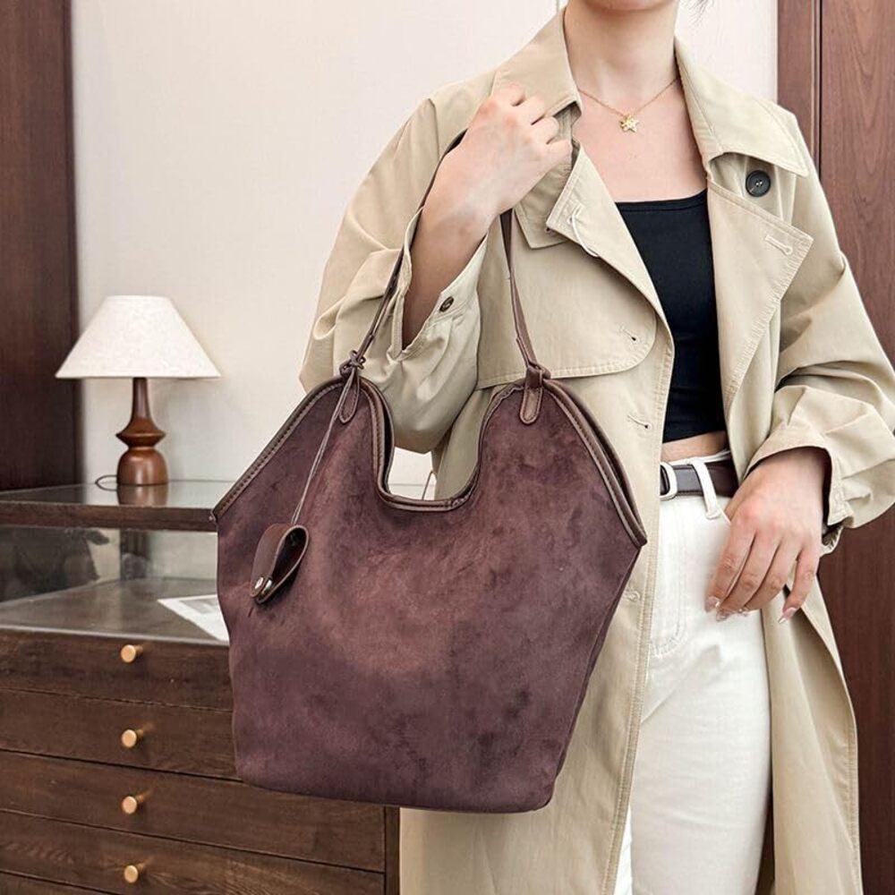 9128 Slouchy Suede Hobo Tote Bag Trendy Suede Purse Large Capacity Shoulder - Picture 3 of 7